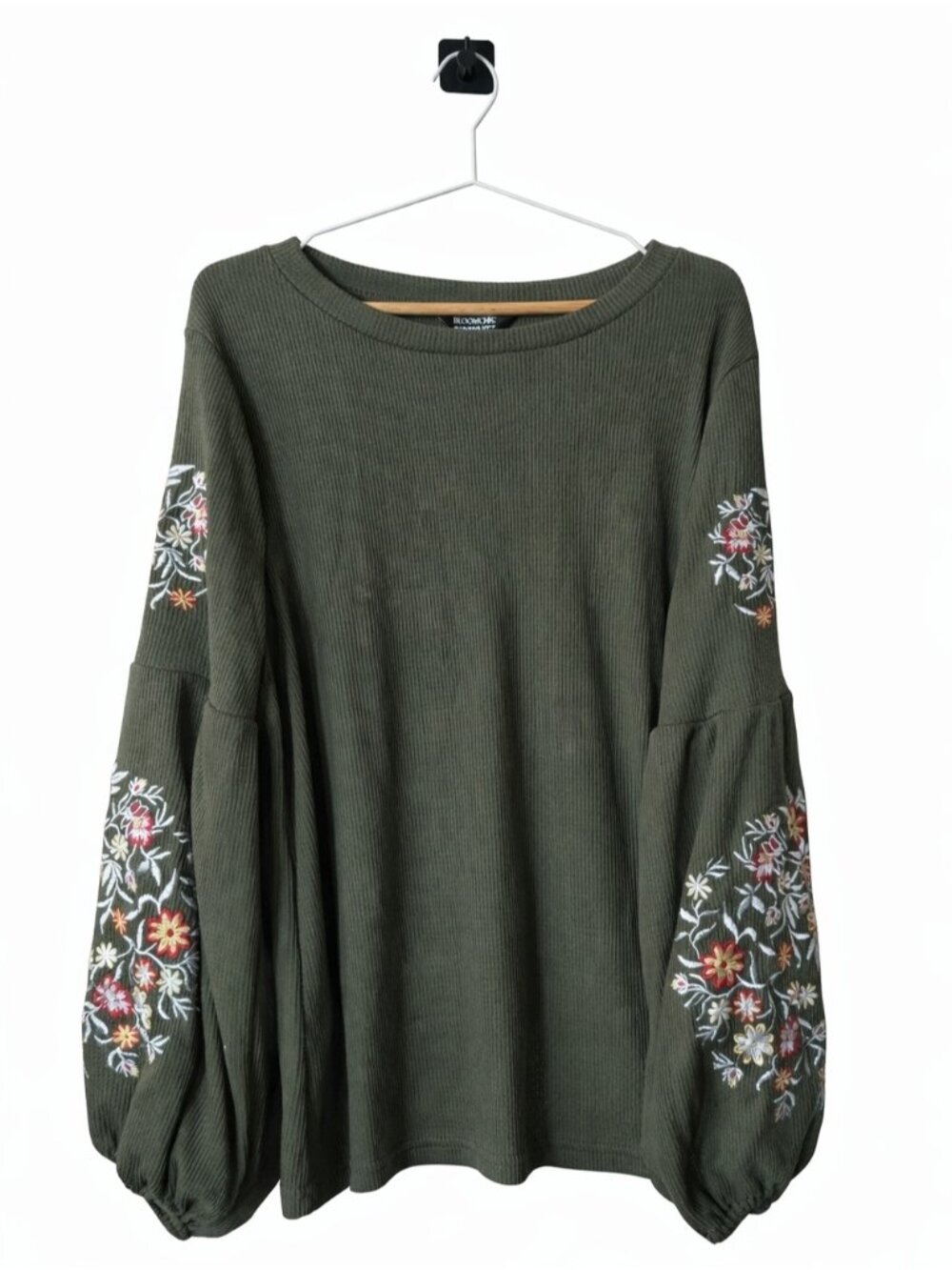 Olive Green Balloon Sleeve Embroidered Top